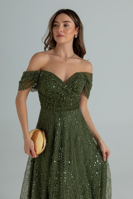 Düşük Omuz Boncuklu Abiye - YEŞİL