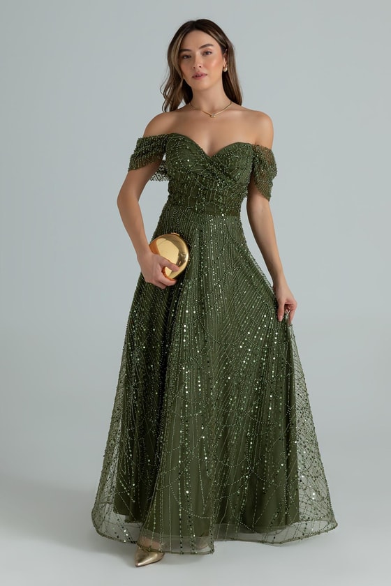 Düşük Omuz Boncuklu Abiye - YEŞİL