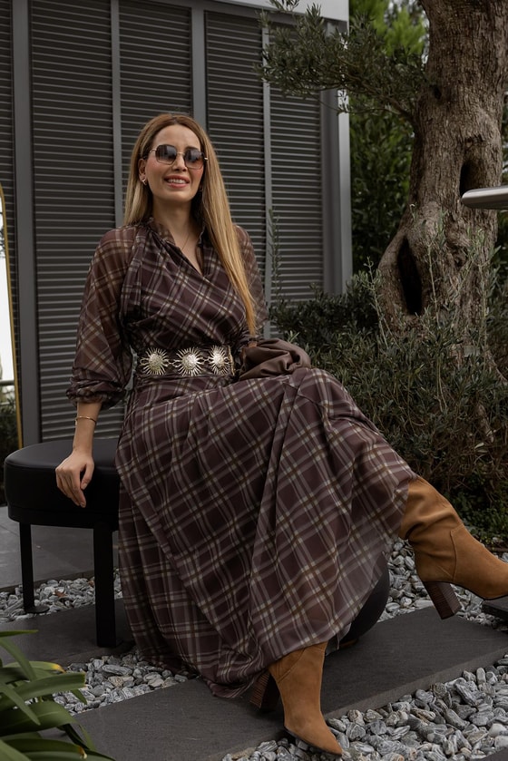 Ekoseli Tül Elbise - KAHVERENGİ