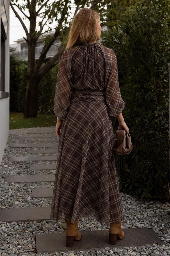 Ekoseli Tül Elbise - KAHVERENGİ