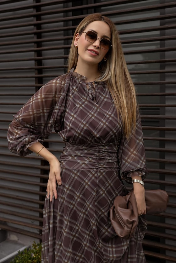 Ekoseli Tül Elbise - KAHVERENGİ