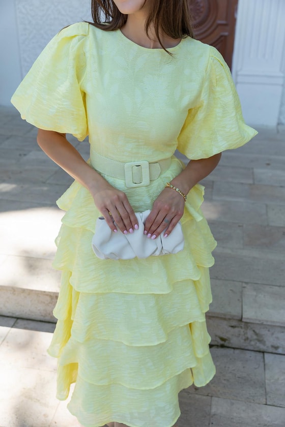 Etek Kat Kemerli Elbise - SARI