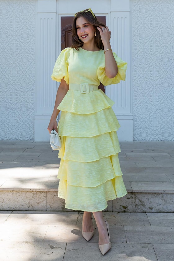 Etek Kat Kemerli Elbise - SARI