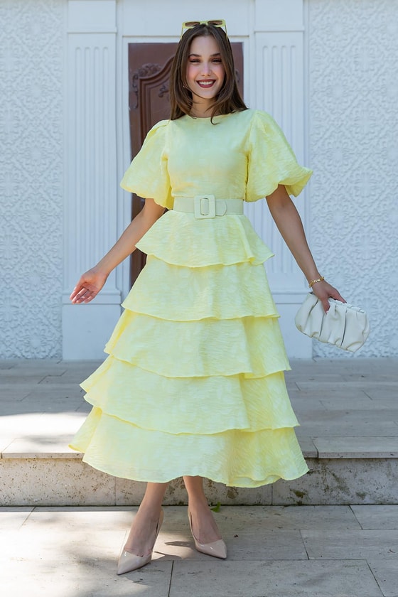 Etek Kat Kemerli Elbise - SARI