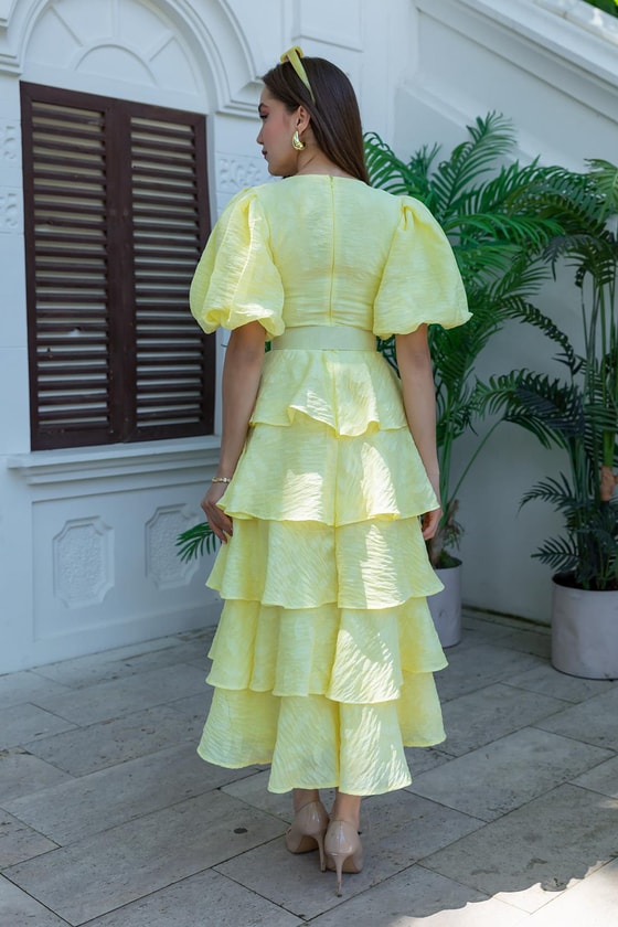 Etek Kat Kemerli Elbise - SARI