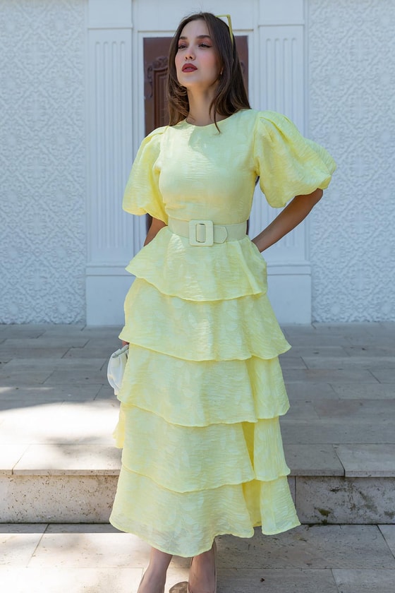 Etek Kat Kemerli Elbise - SARI