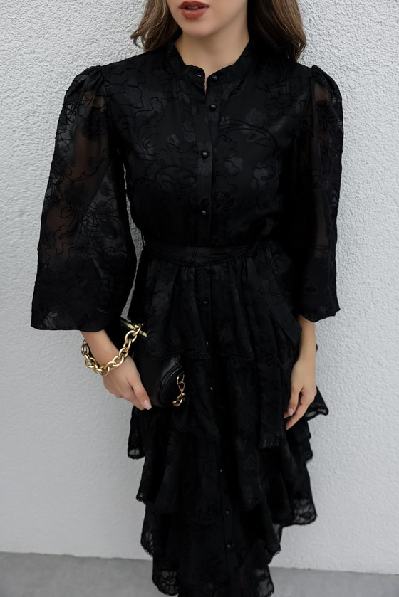 Etek Kat Volanlı Tasarım Elbise - SİYAH