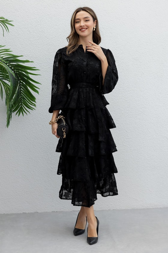 Etek Kat Volanlı Tasarım Elbise - SİYAH