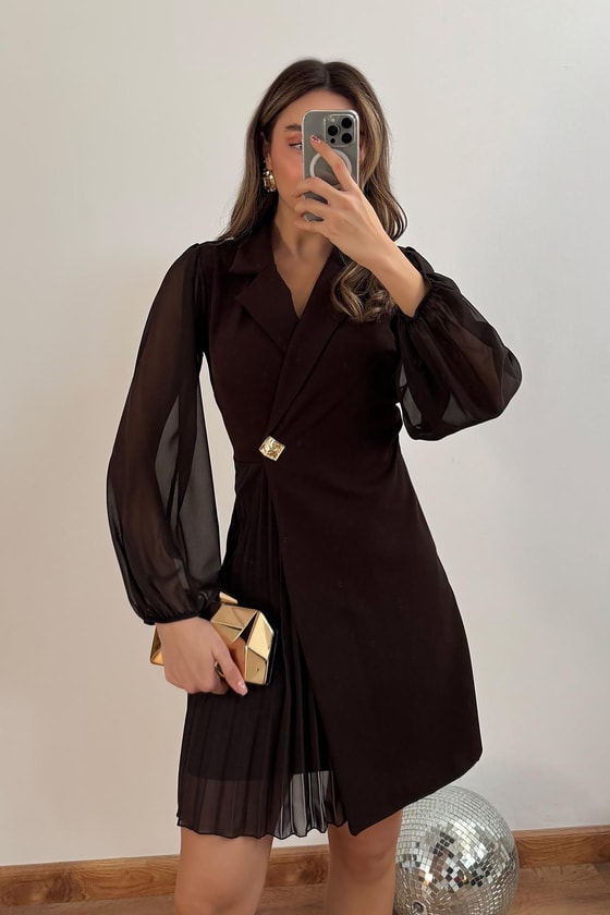 Etek Piliseli Elbise - KAHVERENGİ