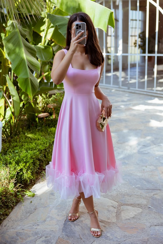 Etek Tül Detaylı Abiye - PEMBE