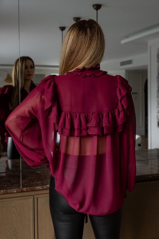 Fırfır Detay Transparan Bluz - BORDO