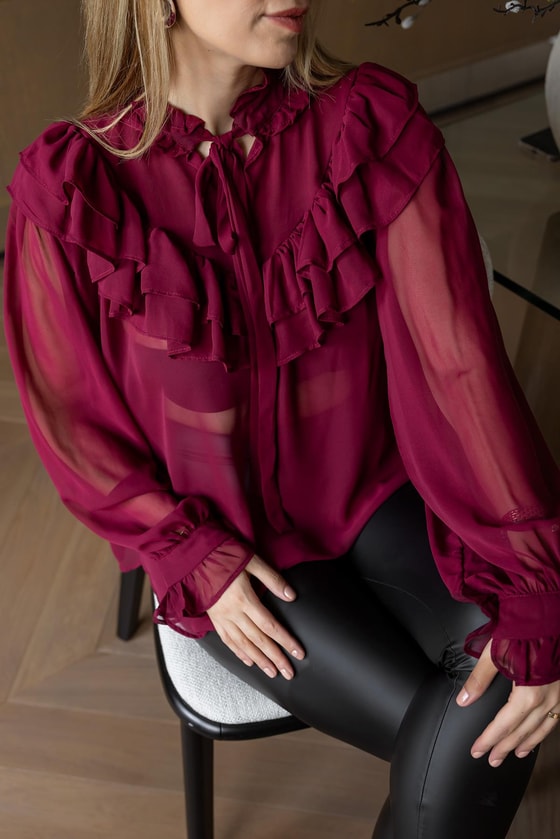 Fırfır Detay Transparan Bluz - BORDO
