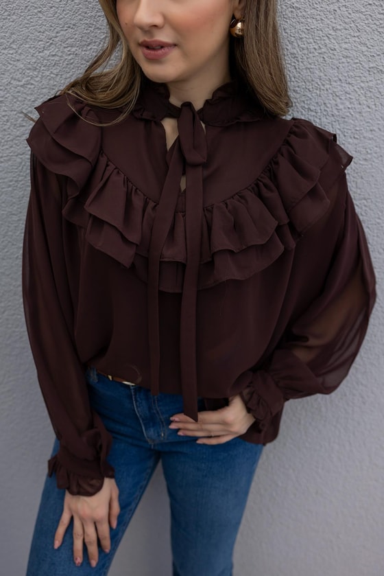 Fırfır Detay Transparan Bluz - KAHVERENGİ