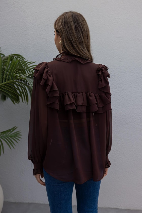 Fırfır Detay Transparan Bluz - KAHVERENGİ