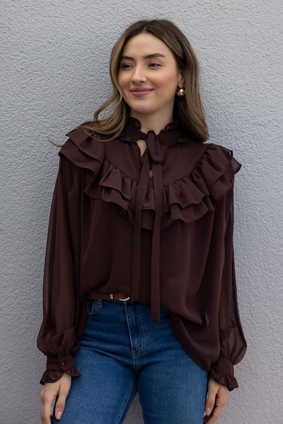 Fırfır Detay Transparan Bluz - KAHVERENGİ
