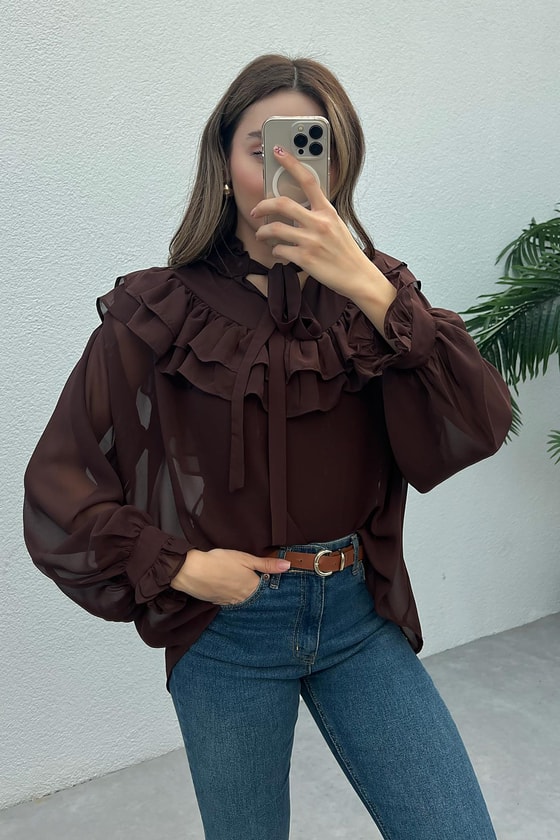 Fırfır Detay Transparan Bluz - KAHVERENGİ