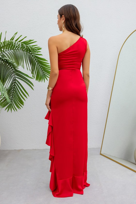 Fırfırlı Gece Elbisesi - KIRMIZI