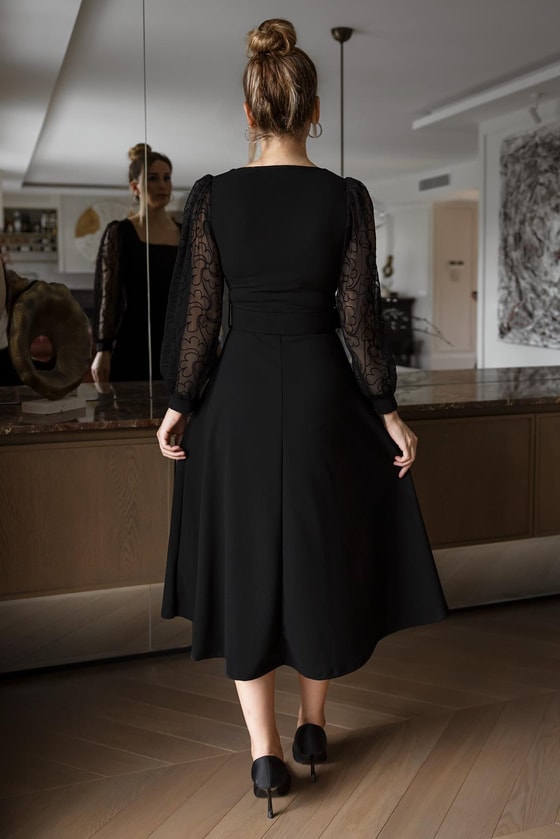 Flok Kol Kemerli Elbise - SİYAH