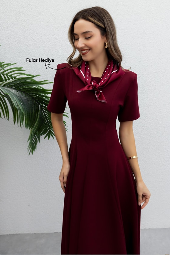Fularlı Çan Elbise - BORDO