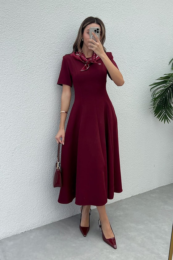 Fularlı Çan Elbise - BORDO