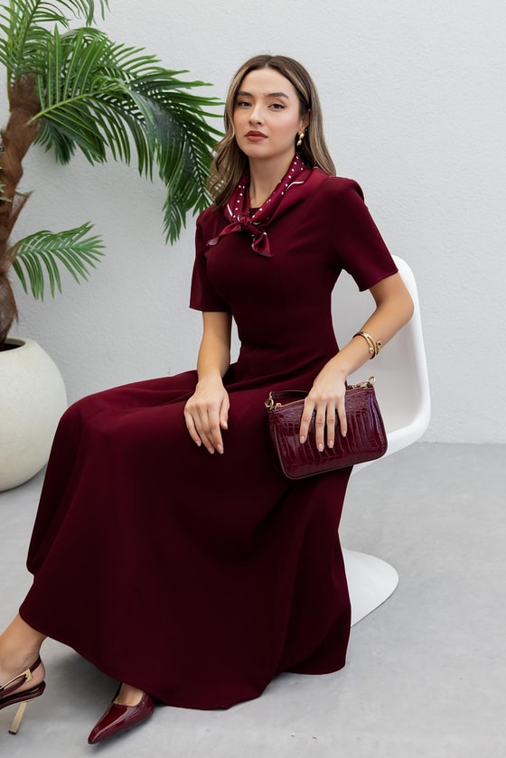 Fularlı Çan Elbise - BORDO