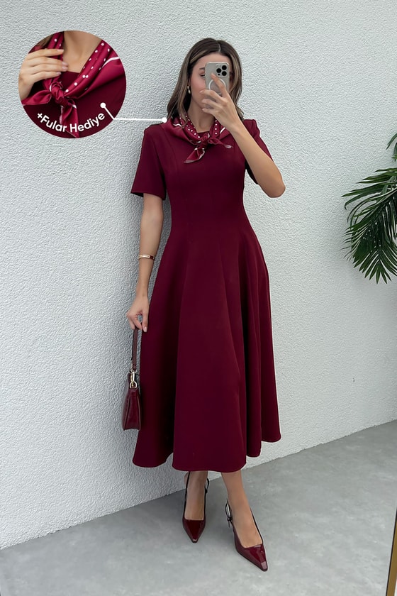 Fularlı Çan Elbise - BORDO