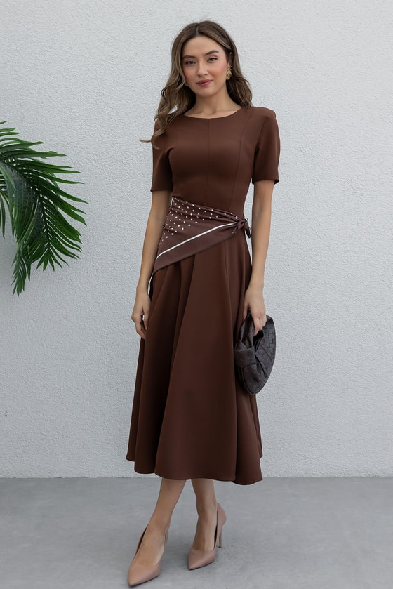 Fularlı Çan Elbise - KAHVERENGİ