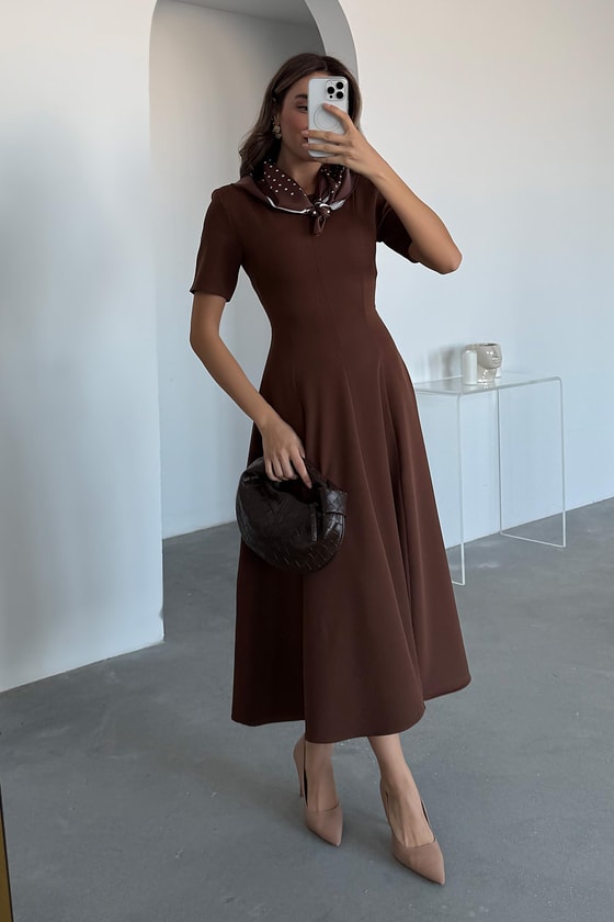 Fularlı Çan Elbise - KAHVERENGİ