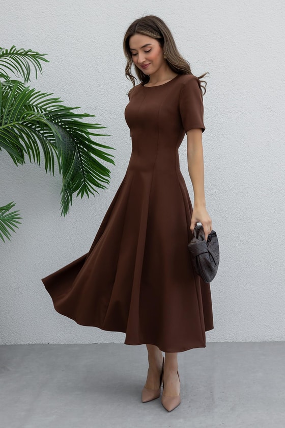 Fularlı Çan Elbise - KAHVERENGİ