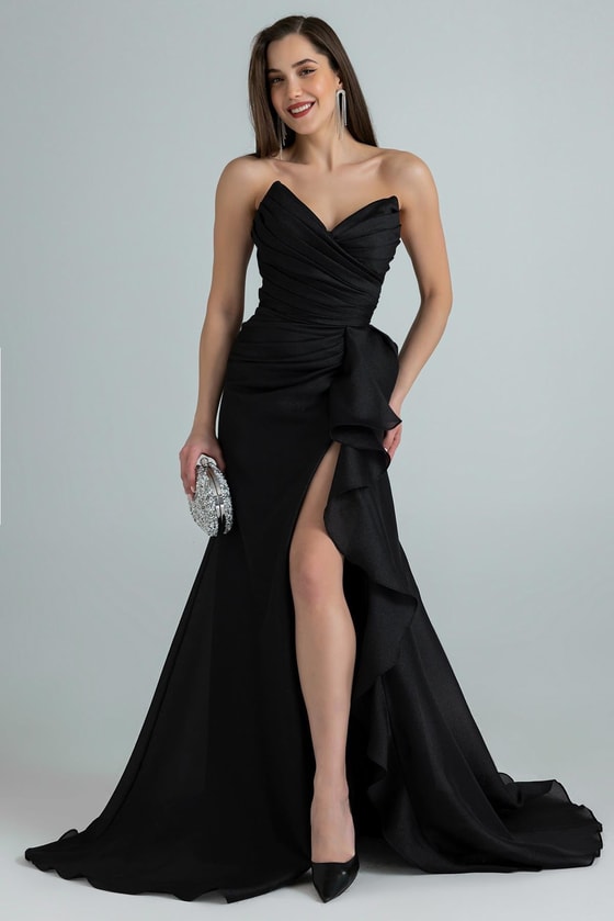 Göğüs Drapeli Uzun Abiye - SİYAH