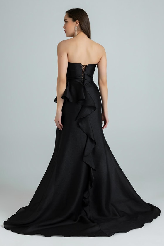 Göğüs Drapeli Uzun Abiye - SİYAH