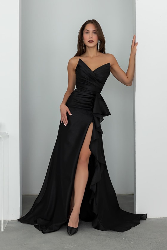 Göğüs Drapeli Uzun Abiye - SİYAH