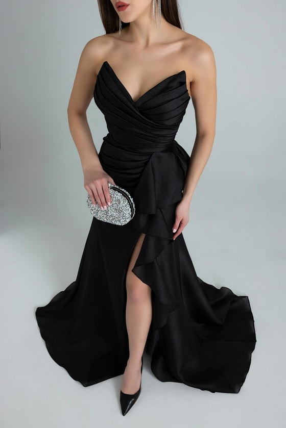 Göğüs Drapeli Uzun Abiye - SİYAH