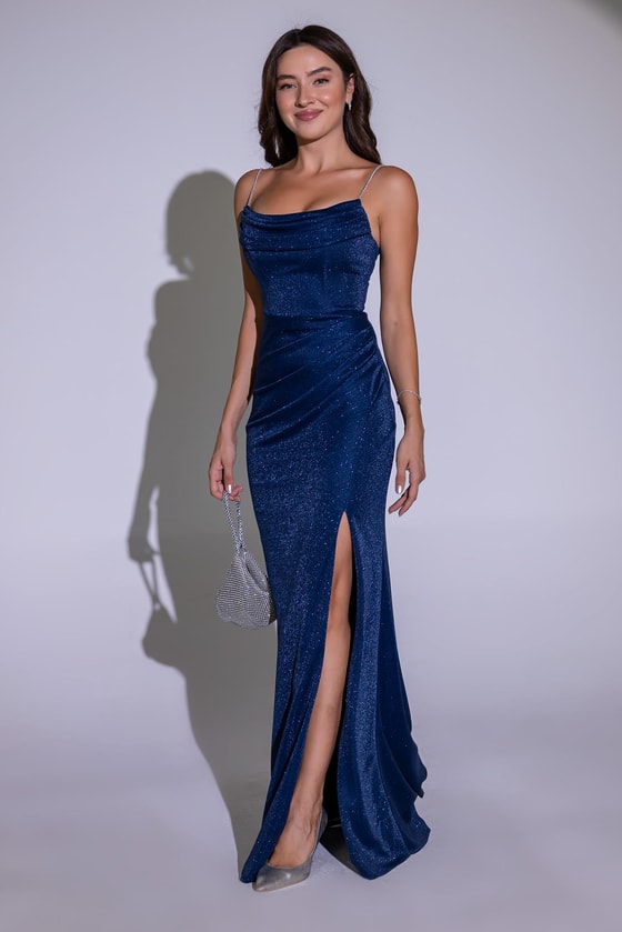 Göğüs Drapeli Yırtmaçlı Abiye - LACİVERT