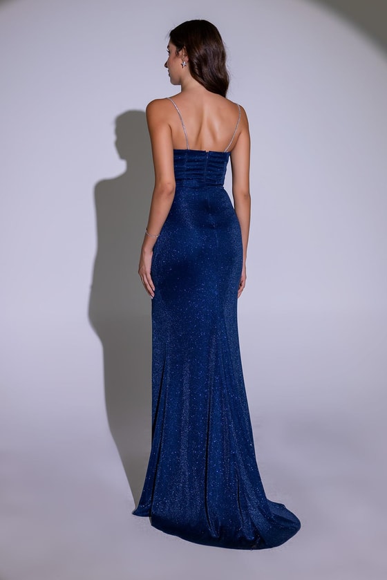 Göğüs Drapeli Yırtmaçlı Abiye - LACİVERT