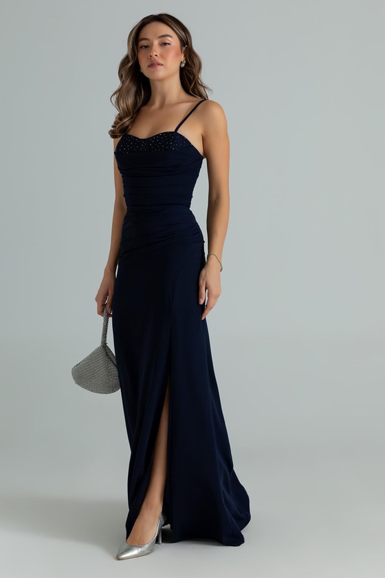 Göğüs Taş Drapeli Abiye - LACİVERT