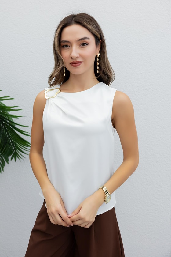 Gold Broşlu Saten Bluz - BEYAZ