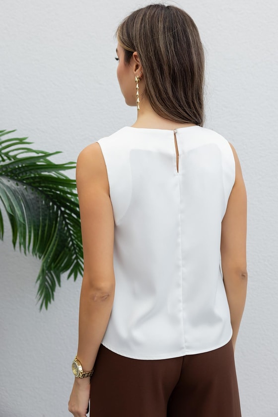 Gold Broşlu Saten Bluz - BEYAZ