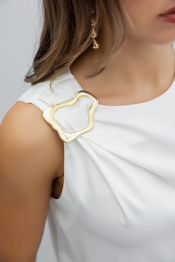 Gold Broşlu Saten Bluz - BEYAZ