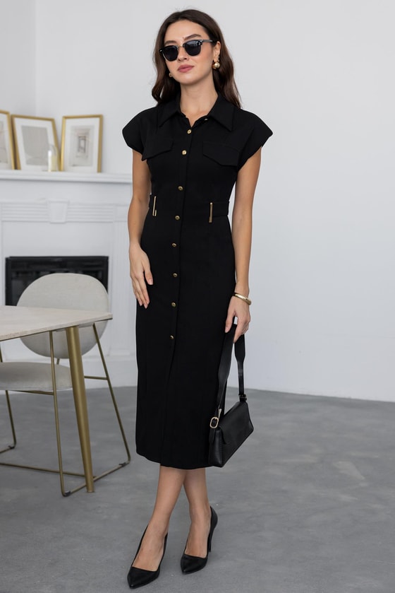 Gold Düğmeli Midi Elbise - SİYAH