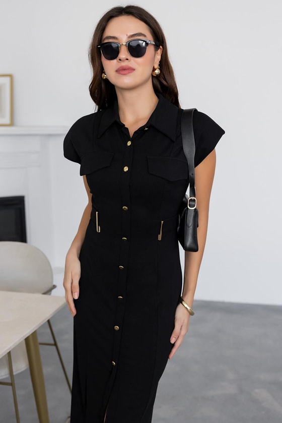 Gold Düğmeli Midi Elbise - SİYAH