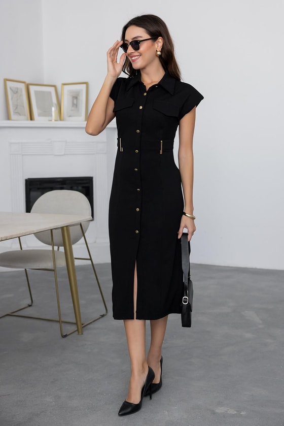 Gold Düğmeli Midi Elbise - SİYAH