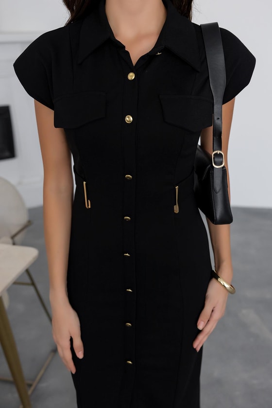 Gold Düğmeli Midi Elbise - SİYAH