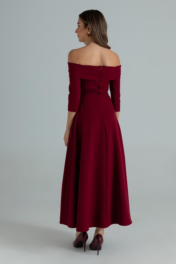 Gül Broşlu Kloş Elbise - BORDO