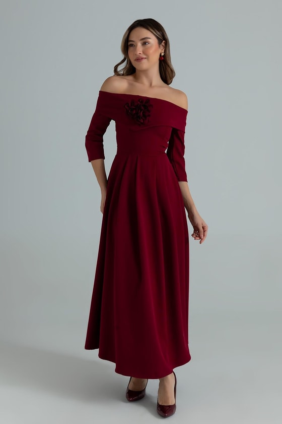 Gül Broşlu Kloş Elbise - BORDO