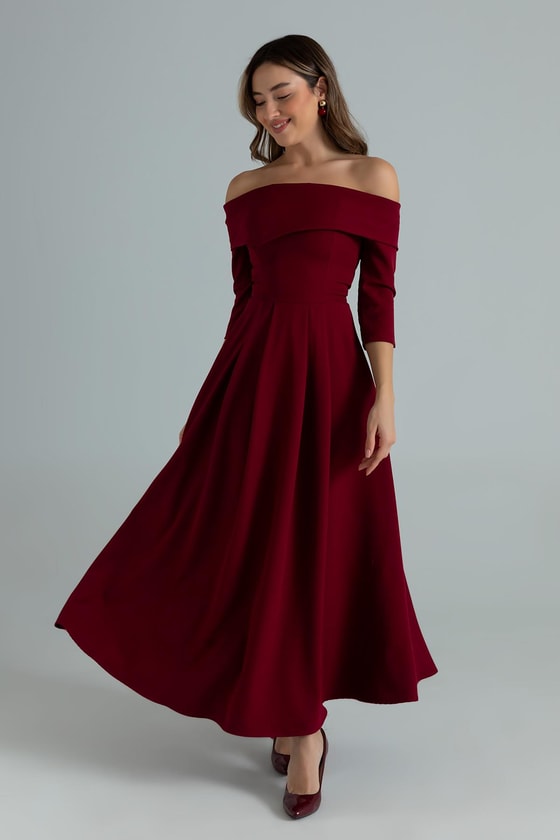 Gül Broşlu Kloş Elbise - BORDO