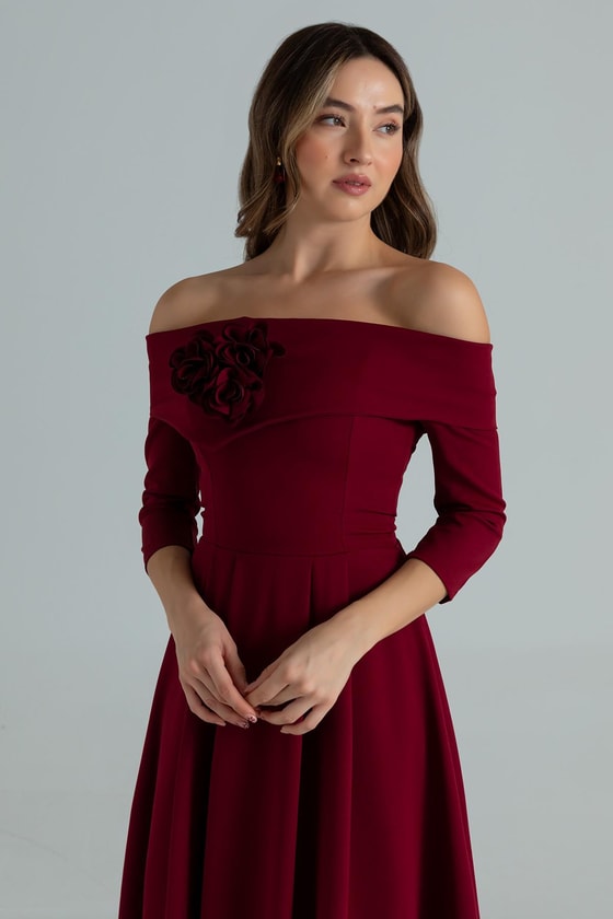Gül Broşlu Kloş Elbise - BORDO