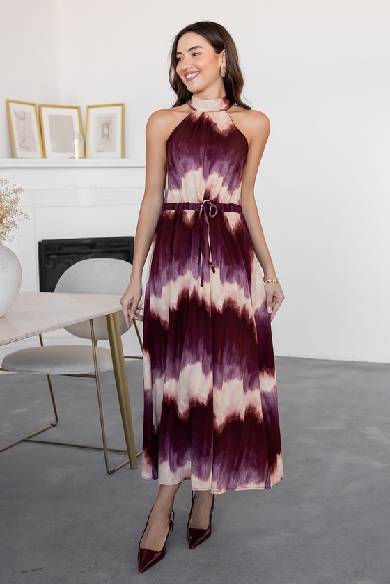Halter Yaka Büzgülü Elbise - BORDO