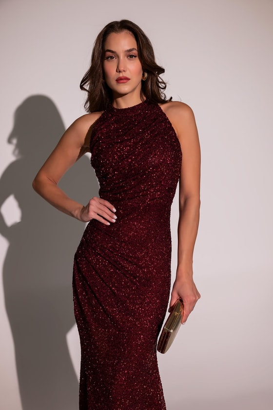 Halter Yaka İşlemeli Abiye - BORDO