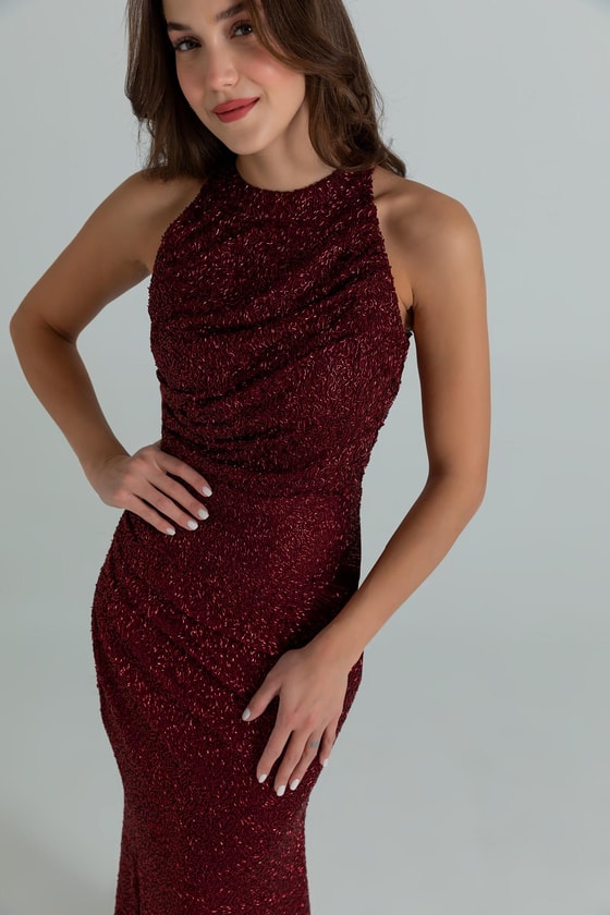 Halter Yaka İşlemeli Abiye - BORDO